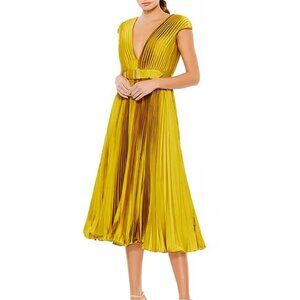 Ieena For Mac Duggal V-Neck Cap Sleeve Pleated Satin Belted A-Line Midi Dress